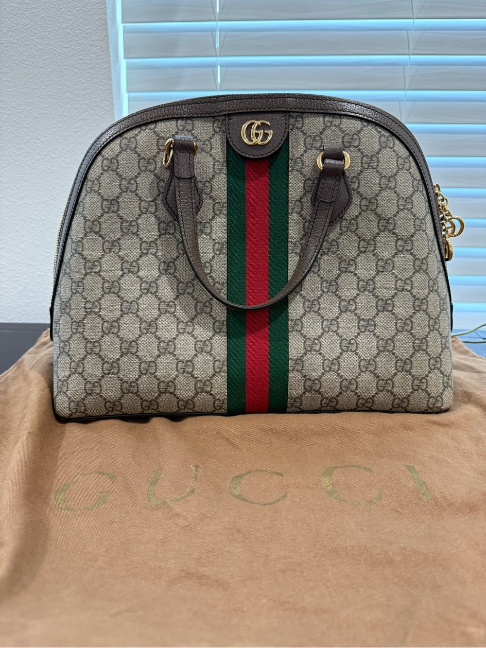 Gucci GG Supreme Satchel in Beige with Green and Red Web Stripe
